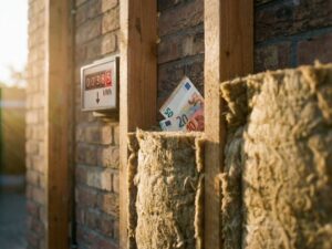 Doorsnede van moderne muurisolatie met energiemeter en euro bankbiljetten tussen isolatiemateriaal in houten frame