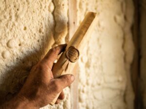 Aannemer houdt garantiedocument met officieel zegel voor vers geïsoleerde muur met zichtbaar isolatiemateriaal