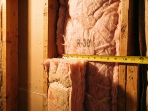 Doorsnede huismuur met roze glaswol isolatie R-30 en R-19 lagen tussen houten balken, meetlint toont dikteverschil