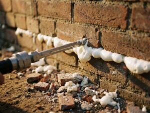 Professionele injectietool injecteert witte schuimisolatie in spouwmuur met zichtbare bakstenen en bouwafval op grond