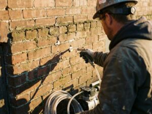 Bouwvakker injecteert isolatieschuim in spouwmuur van eeuwenoud bakstenen huis met professionele apparatuur