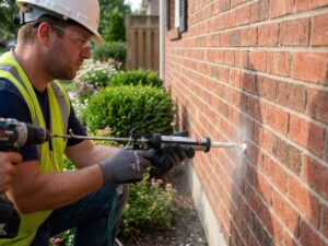 Bouwvakker in veiligheidsuitrusting injecteert isolatieschuim in bakstenen muur met gespecialiseerd gereedschap