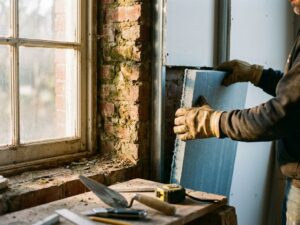 Professionele handen installeren isolatieschuim tussen oude bakstenen muur en nieuwe gipswand met gereedschap op werkbank