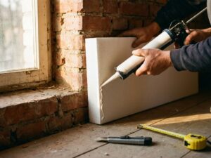 Handen installeren witte isolatiepanelen tegen bakstenen muur met constructielijm, gereedschap op houten vloer