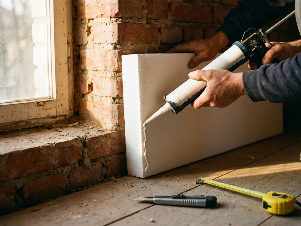 Handen installeren witte isolatiepanelen tegen bakstenen muur met constructielijm, gereedschap op houten vloer