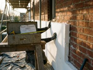 Bouwvakker installeert witte isolatiepanelen tegen bakstenen muur met gereedschap en meetlint op gereedschapskist