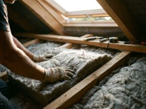 Bouwvakker installeert grijze mineraalwol isolatie tussen houten dakspanten met gereedschap op balken