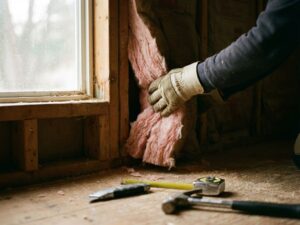 Vakman installeert roze glaswol isolatie tussen houten balken in binnenmuur, gereedschap op houten vloer zichtbaar