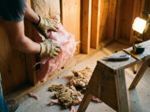 Handen in werkhandschoenen installeren roze glaswol isolatie tussen houten balken in muur met gereedschap