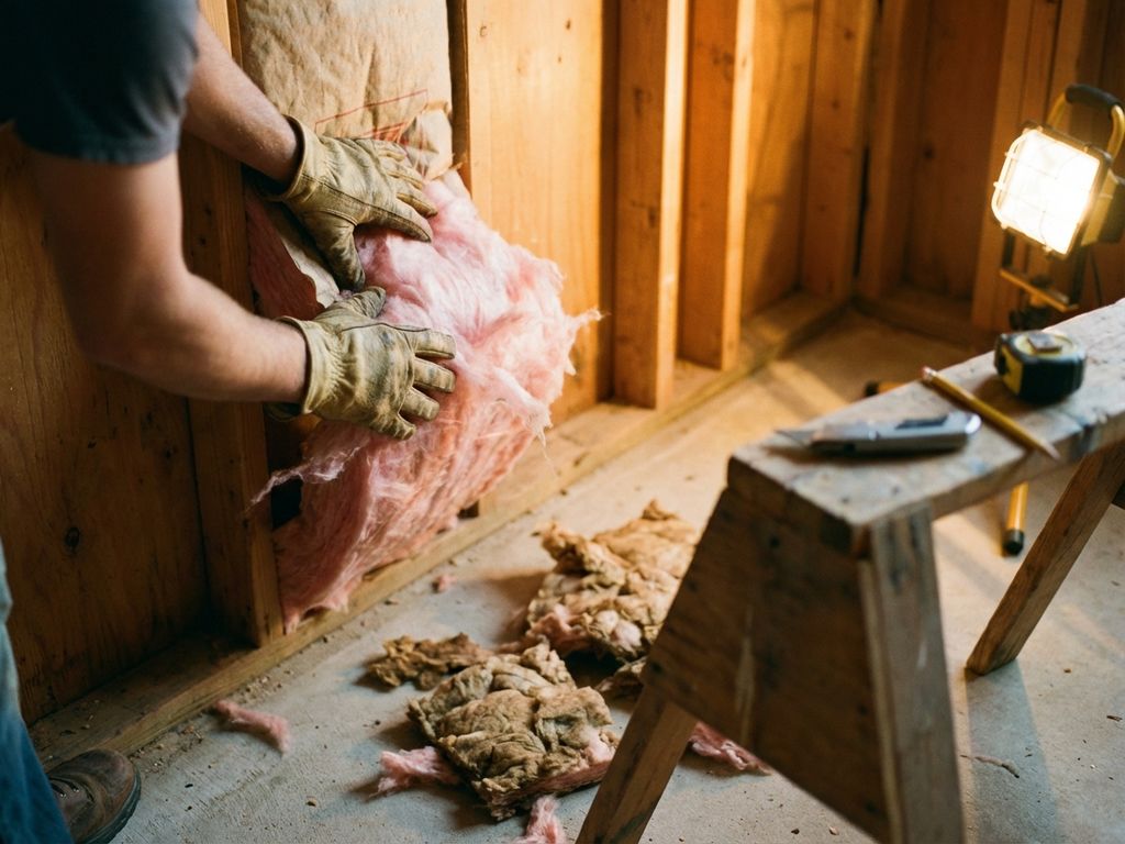 Handen in werkhandschoenen installeren roze glaswol isolatie tussen houten balken in muur met gereedschap