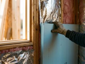 Doorsnede van moderne huismuur met isolatiematerialen tussen houten balken, bouwvakker plaatst schuimisolatie