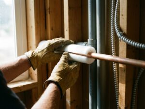 Bouwvakker installeert isolatiemateriaal rond koperen leidingen tussen houten wandbalken in woning