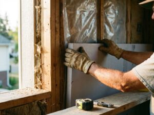 Bouwvakker installeert rigide isolatieplaten tussen houten balken in buitenmuur met dampscherm zichtbaar
