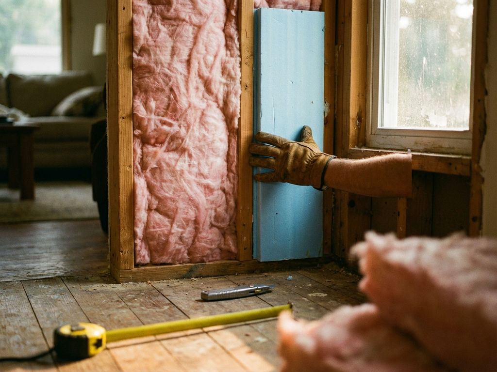 Werknemer installeert schuimisolatiepanelen tussen houten balken met roze glaswol isolatie, gereedschap op vloer