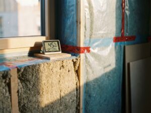 Doorsnede van huismuur met professionele isolatie tussen houten balken en vochtbarrière, hygrometer toont optimale luchtvochtigheid