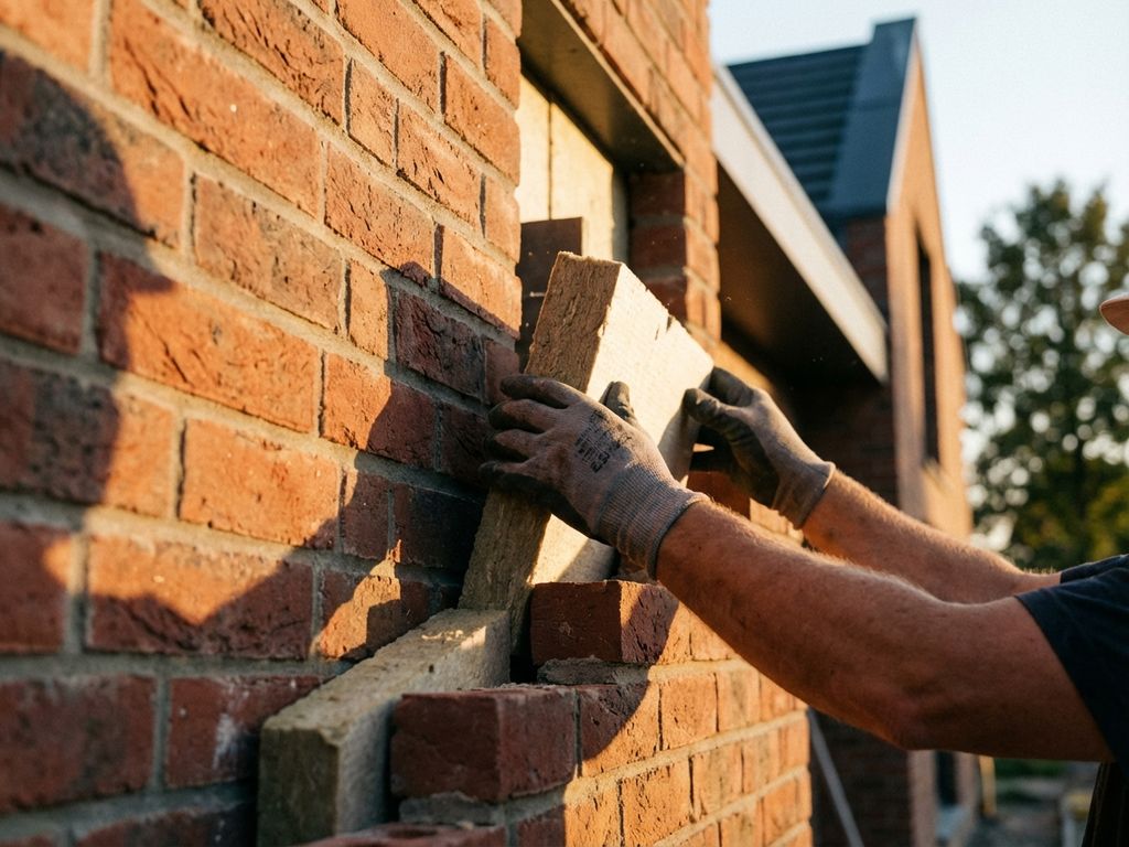 Professionele installatie van spouwmuurisolatie in moderne woning, werker plaatst isolatiepanelen tussen bakstenen lagen