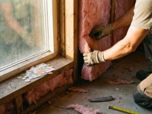 Persoon installeert roze glaswol isolatie tussen houten balken, gereedschap en eurobiljetten op vensterbank