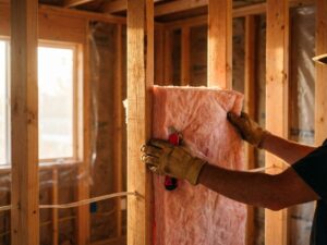 Persoon installeert roze glaswol isolatie tussen houten balken in onafgewerkte muur met werkhandschoenen
