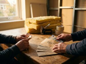 Huiseigenaar plaatst eurobiljetten in maandelijkse betalingsenveloppen op keukentafel met isolatiemateriaal op achtergrond