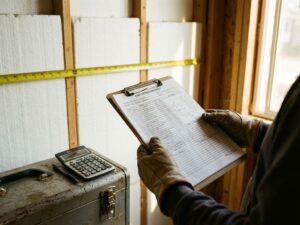 Aannemer houdt kostenschatting vast voor muurisolatie met witte isolatieplaten tussen houten balken