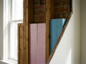Doorsnede huismuur met roze EPS- en blauwe XPS-isolatieplaten in houten frame tussen baksteen en binnenwand