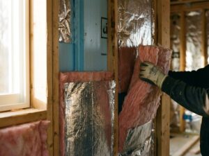 Doorsnede huismuur met isolatiematerialen: roze glaswol, schuimplaten en reflectiefolie tussen houten balken