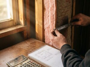 Handen meten roze glaswol isolatie tussen houten balken met meetlint, calculator en notitieblok op tafel