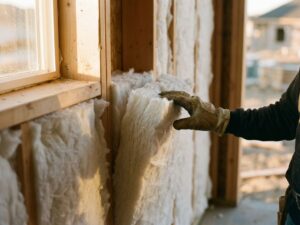 Bouwvakker inspecteert witte isolatiemateriaal tussen houten balken in moderne huismuur tijdens constructie