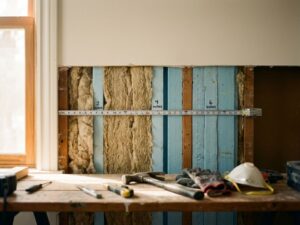 Doorsnede huismuur met verschillende lagen isolatiemateriaal, meetlint toont dikte, gereedschap op werkbank