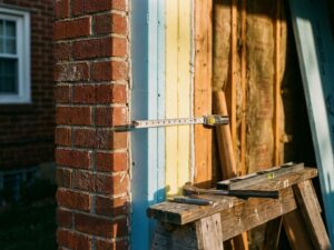 Doorsnede van buitenmuur met dikke isolatieplaten tussen bakstenen gevel en binnenstructuur, meetlint toont dikte