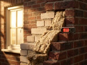 Doorsnede van bakstenen muur met spouwmuur isolatie en digitale thermometer, verlicht door natuurlijk zonlicht