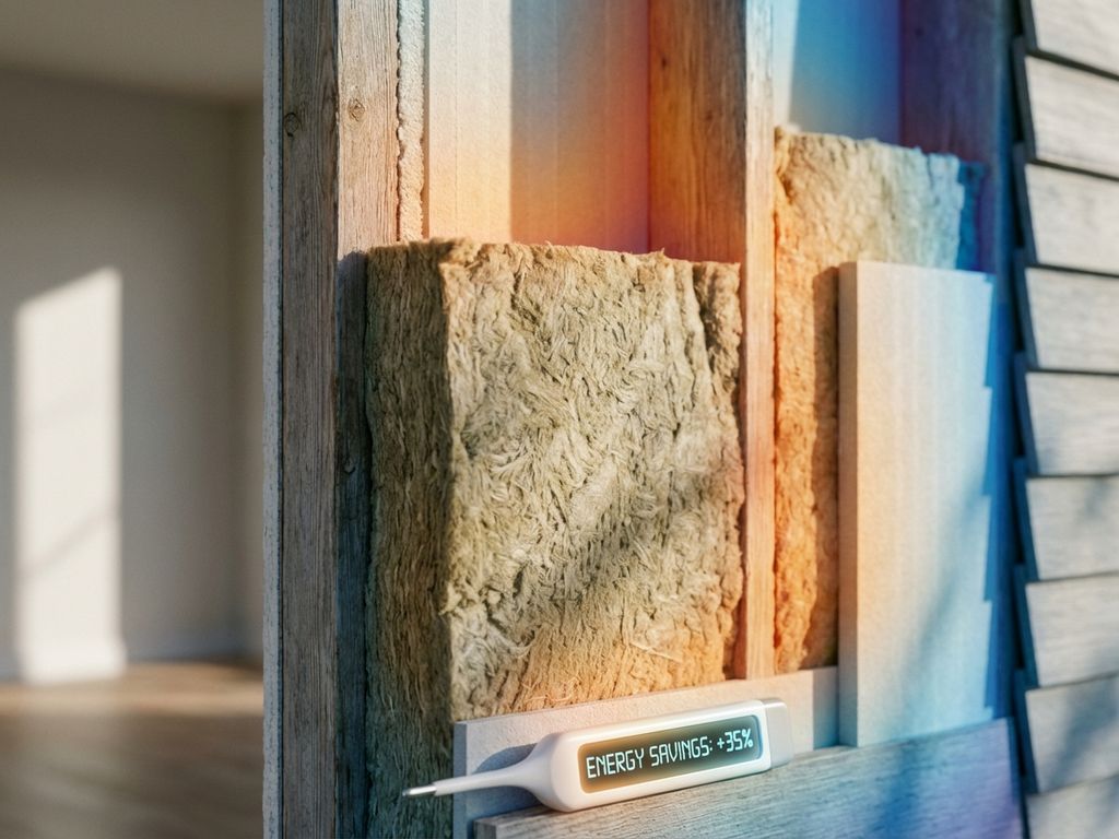 Doorsnede van moderne buitenmuur toont isolatiematerialen tussen houten balken met thermische kleuren en energiemeter