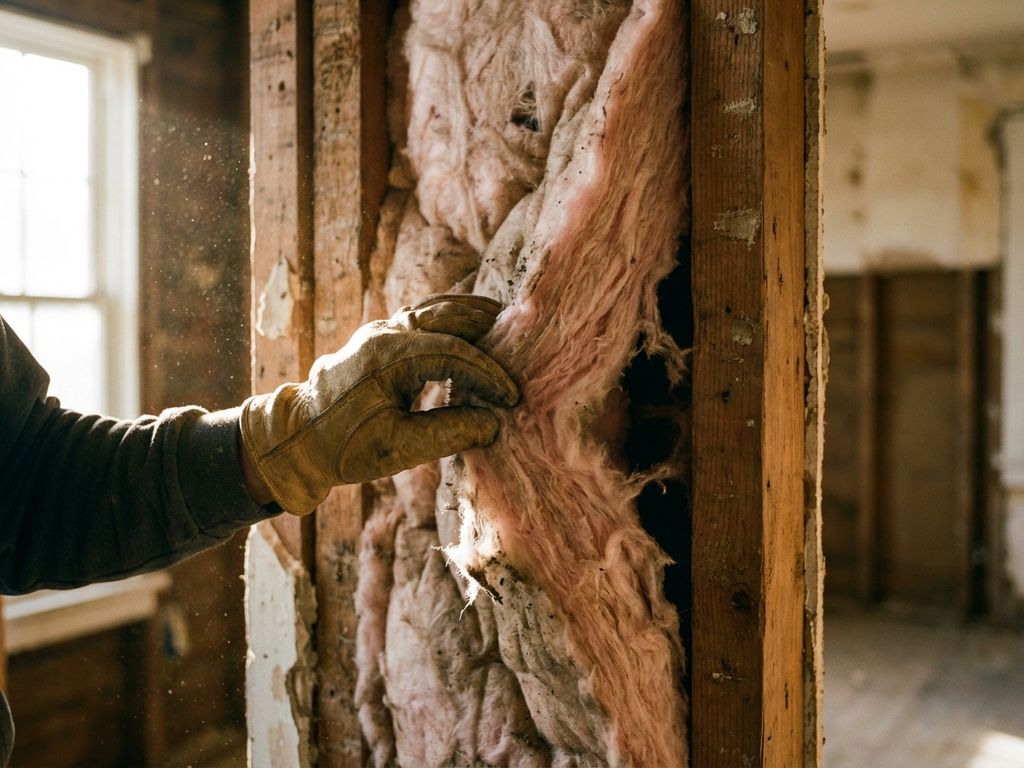 Aannemer onderzoekt verouderde roze glaswol isolatie in huismuur met zichtbare gaten en samengedrukte gedeelten