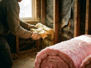 Bouwvakker verwijdert oude gele glaswol isolatie uit muur, nieuwe roze isolatie ligt klaar op de vloer