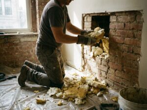 Huiseigenaar verwijdert verouderde schuimisolatie uit spouwmuur, blootgelegde bakstenen zichtbaar, renovatieproject