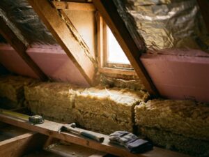 Dakisolatie in zolder met minerale wol, schuimplaten en reflecterende barrières tussen houten balken, gereedschap zichtbaar