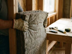Bouwvakker houdt isolatiemateriaal tegen onafgewerkte muur, gereedschap op werkbank op achtergrond