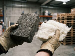 Bouwvakker houdt grijze steenwol isolatie en witte glaswol isolatie vast, toont verschillende textures in industriële ruimte