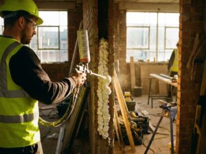 Bouwvakker spuit witte isolatieschuim in holte van bakstenen muur met professionele apparatuur op bouwplaats