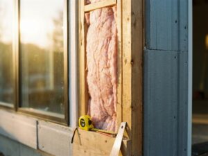Doorsnede huismuur toont roze glaswol isolatie en externe schuimplaten, met gereedschap en meetlint in zonlicht
