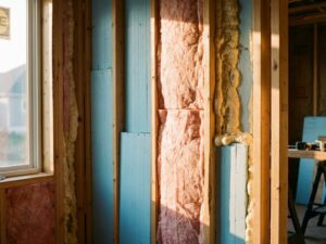 Doorsnede van moderne huismuur met isolatiematerialen: schuimisolatie, glaswol en PUR-schuim tussen houten balken