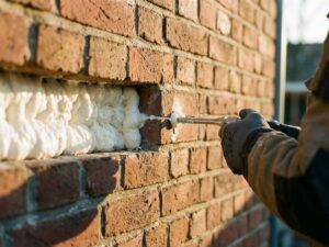 Doorsnede bakstenen muur met isolatieschuim in spouw, technicus injecteert materiaal met spuitpistool