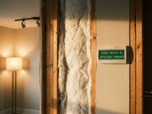 Doorsnede van moderne huismuur met witte isolatie tussen houten balken en digitale energiemeter op binnenwand