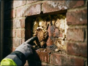 Doorsnede bakstenen muur met beschadigde spouwmuurisolatie, vochtschade en werkershand die probleem aanwijst