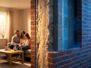 Doorsnede van bakstenen muur met spouwmuur isolatie, warme gouden gloed in geïsoleerd deel versus koude blauwe tonen