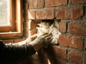 Doorsnede van bakstenen muur met isolatiemateriaal dat door gehandschoende handen in de spouwruimte wordt geïnstalleerd