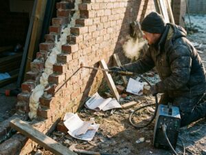 Professionele werker injecteert isolatieschuim in spouwmuur van baksteen op bouwplaats tijdens koude ochtend