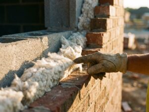 Doorsnede van bakstenen muur met isolatiemateriaal tussen binnen- en buitenlaag, arbeider wijst naar witte isolatie