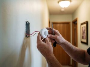 Technicus installeert witte PIR bewegingssensor op binnenmuur, met zichtbare bedrading in wandcontactdoos
