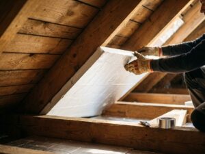 Bouwvakker plaatst witte PIR isolatieplaten tegen houten dakbeschot, handen met handschoenen leiden stijve schuimplaat